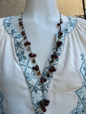 Vintage Long Burgundy Polished Agate Bead and Leaf Pendant Necklace and Bracelet